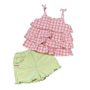 Janie and Jack Set The Table Pink Plaid Ruffle Top and Light Green Shorts Set 2T